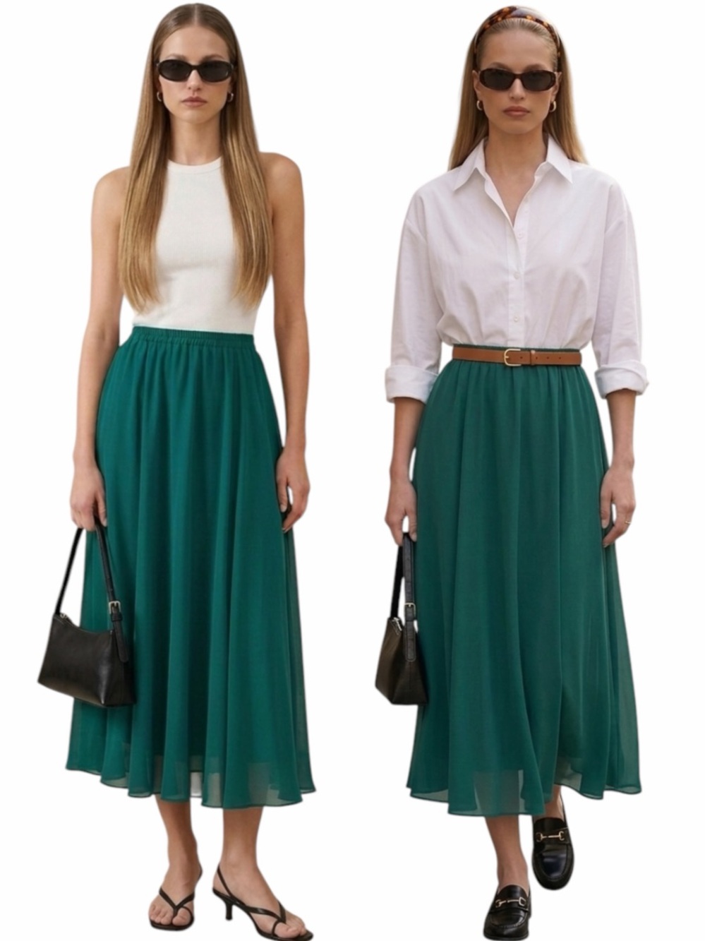 Vintage 80s 90s Chiffon Minimalist Maxi Skirt Emerald Green Medium 6/8